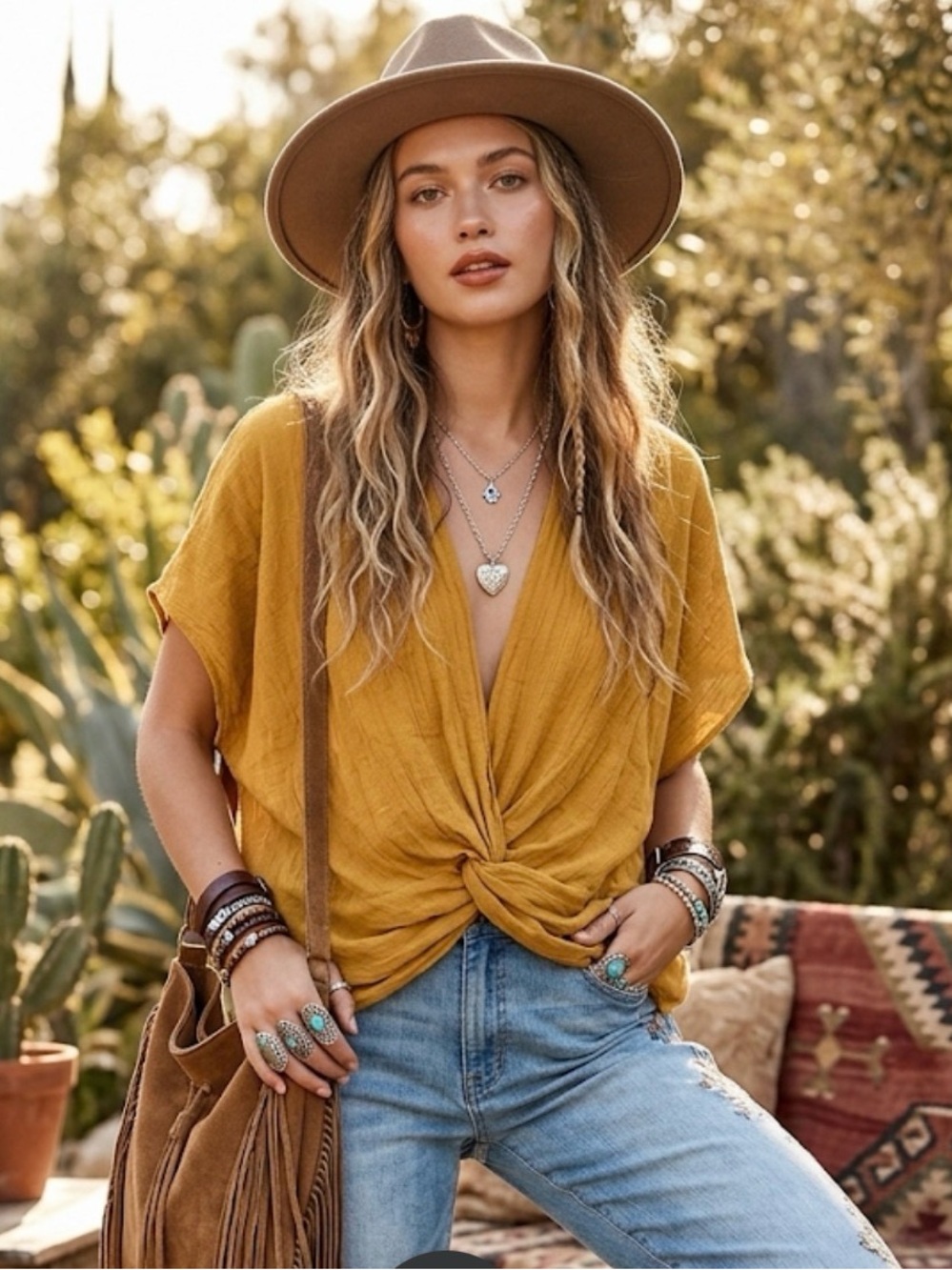 Women’s Mustard Knot-Front V-Neck Top